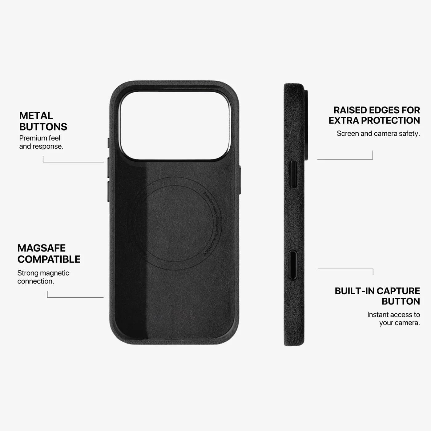 MONVARA case engineering — metal buttons, MagSafe, raised edges, capture button